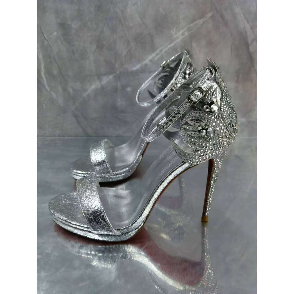 French Style Rhinestone High Heels Women Thin Heel Silver Sexy Open Toe Buckle Crystal Sandals Summer