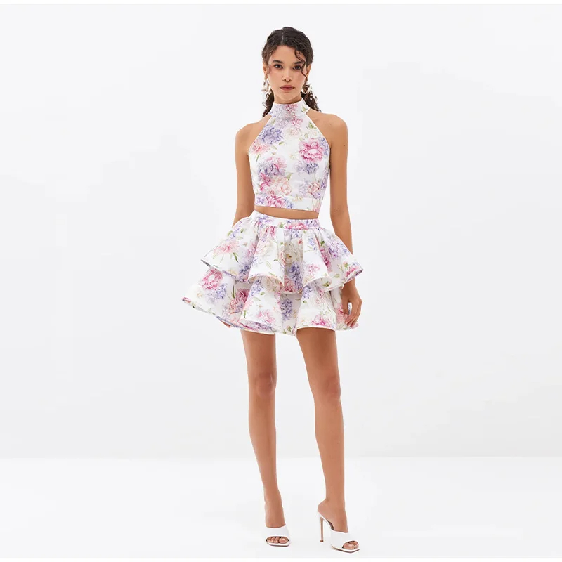 Two Piece Dress Autumn Winter Skirt Printed Stand Neck Hanging Backless Strap Top Puffy Skirt Woman Set Elegant Sleeveless Tops Layered Pleated Skirts