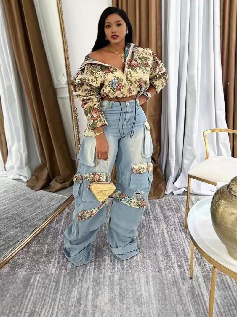 Denim Outfit Women Floral Patchwork Jean Zipper Drawstring Cropped Jacket Pockets Cargo Jeans 2 Piece Set Streetwear Tracksuits