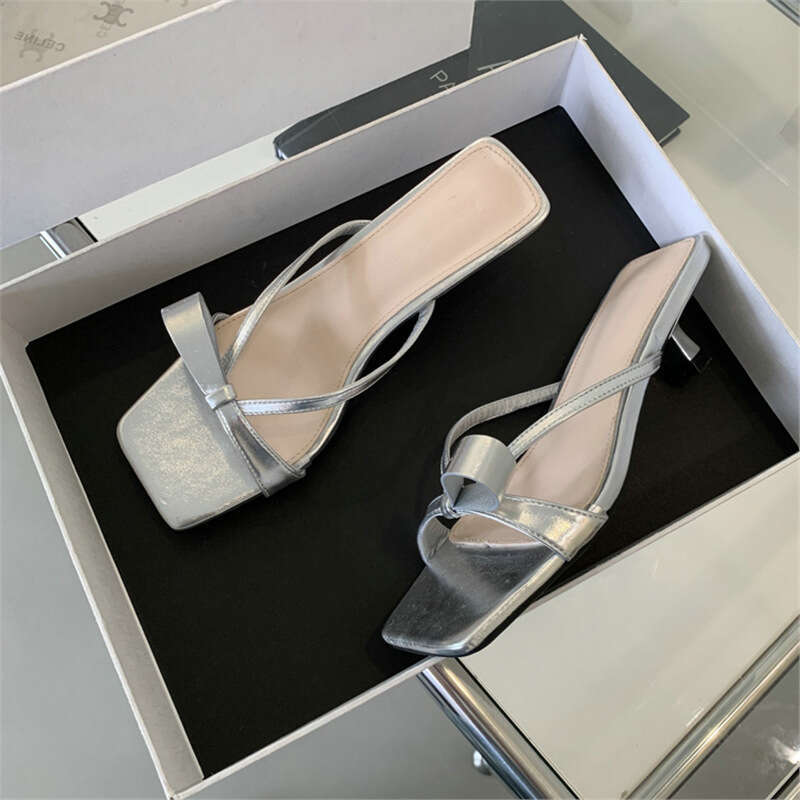 French Style Evening Silver High Heel Sandals 2024 New Stunning Bowknot Stiletto Strap Slippers for Women Summer Outdoor Wear