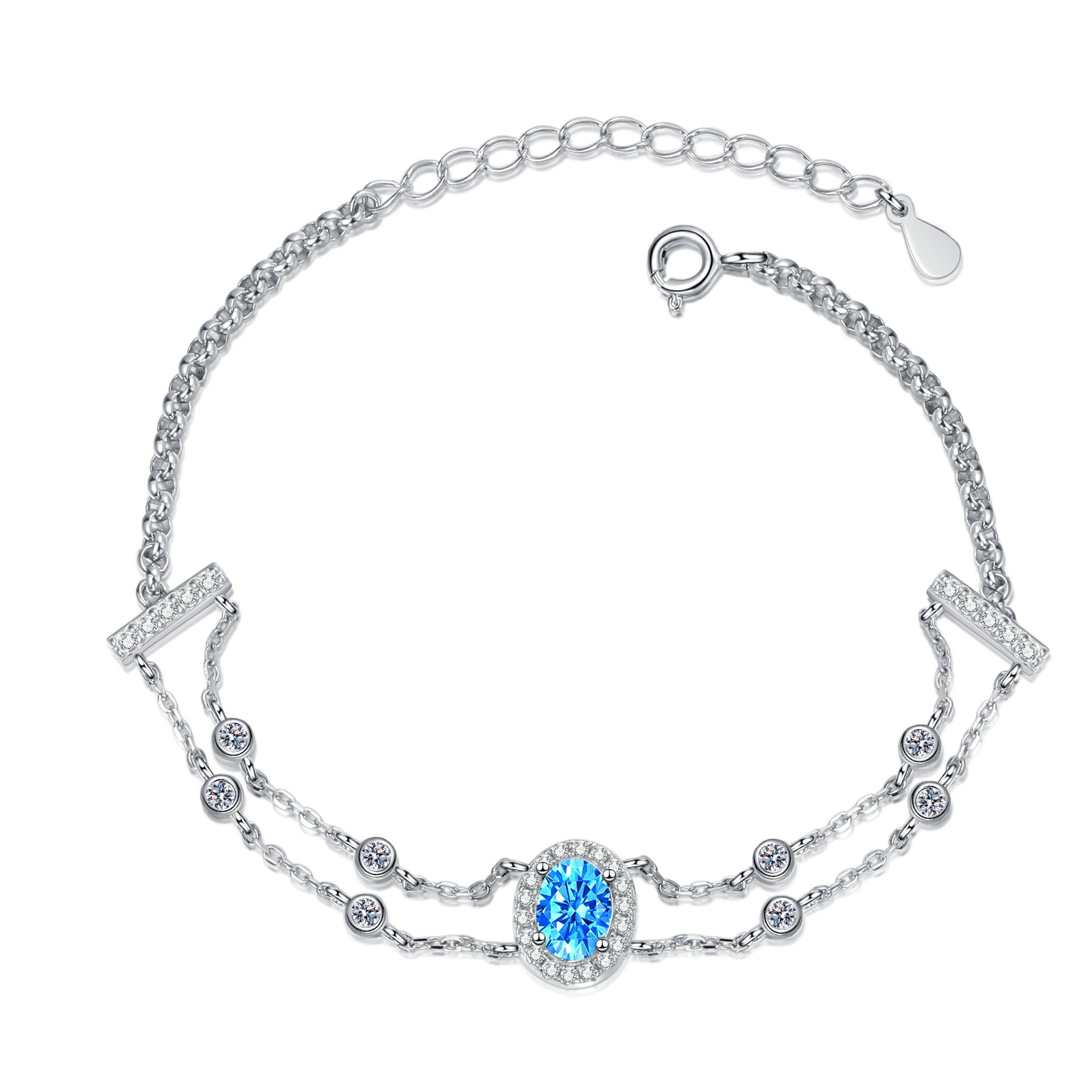 925 Sterling Silver Double Chain Moissanite Bracelet with Blue Oval-Cut Stone, Platinum Plated, Hypoallergenic, Adjustable Fit, Elegant Minimalist Jew