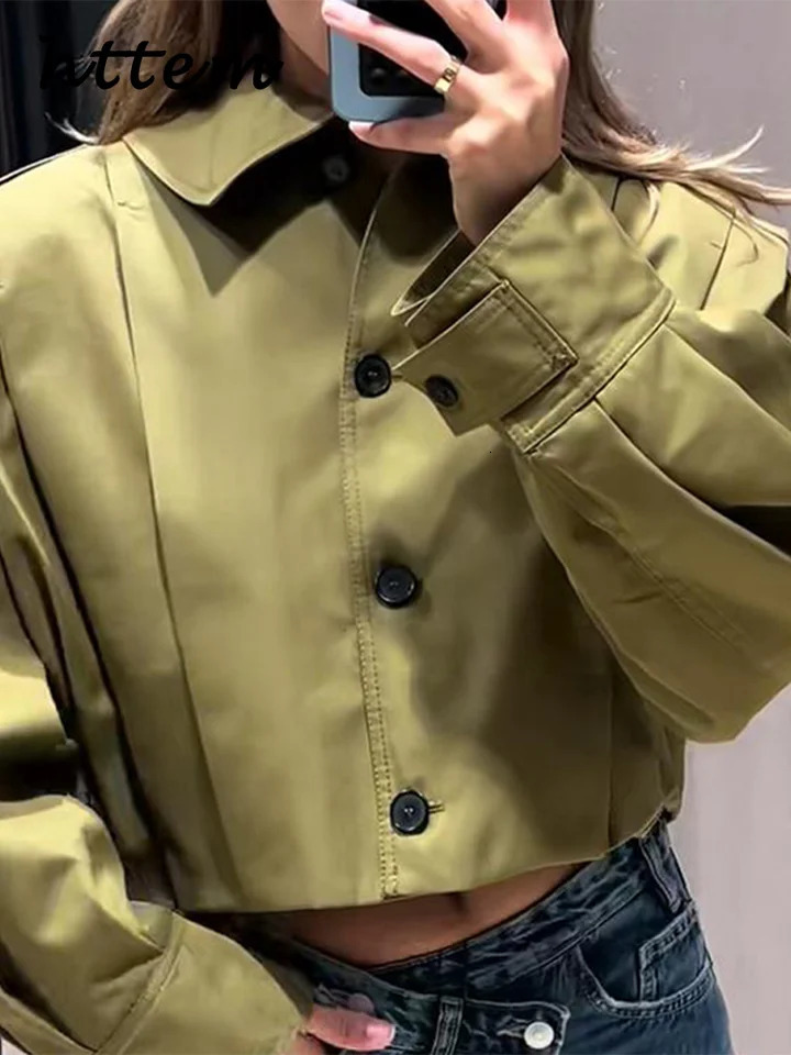 Street Womens Short Trench Coats Loose Lapel Single Breasted Long Sleeve Pleated Female Coat Spring Autumn Lady Outwear 250527