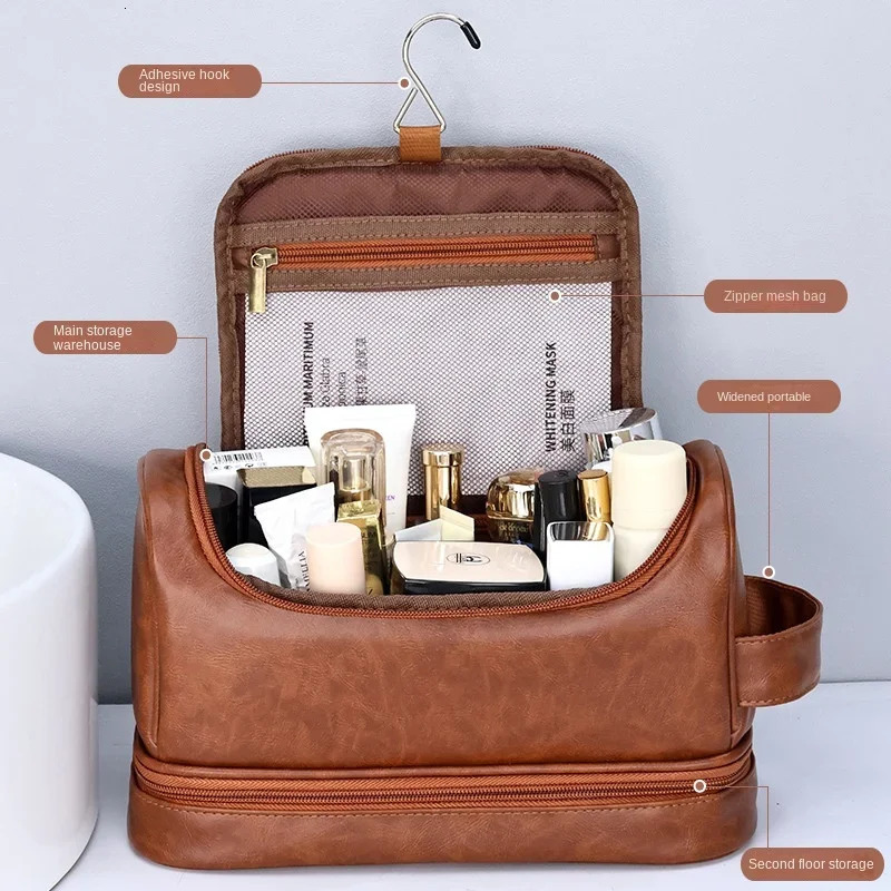 Hanging Makeup Bag Large Capacity PU Leather Wash Bag Double layered Mens cosmetic bag travel essentials organizer 250528