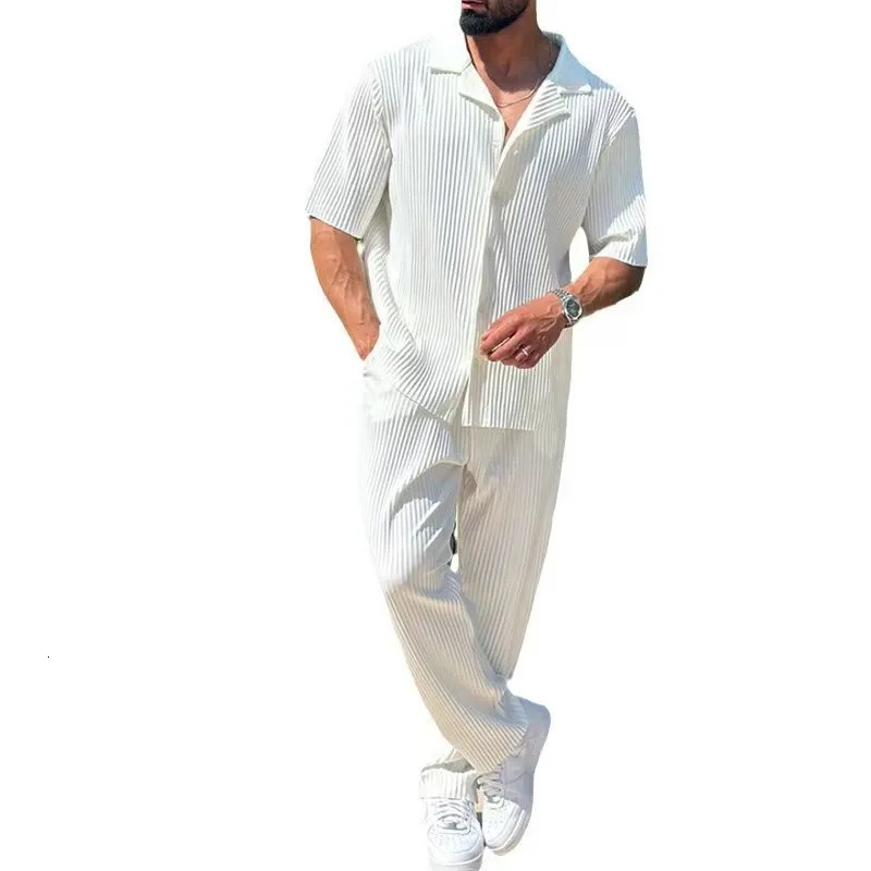 Mens 2025 Sportswear Set Solid Color Fashion Casual Short Sleeve Long Pants TwoPiece Suit Pure Leisure 250529Z