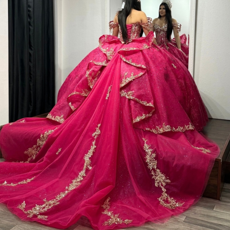 Red Shiny Princess Quinceanera Dresses Off Shoulder Applique Lace Beading Crystal Sweet 16 Dress Ball Gown Vestidos De 15 Anos