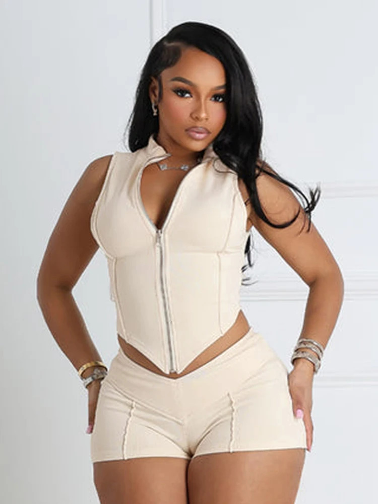 kliou Casual Summer Women Shorts Set Solid Active Irregular Zip-up Tank TopsStretch Bottoms Mujer Basic Matching Street 2 Piece 250527