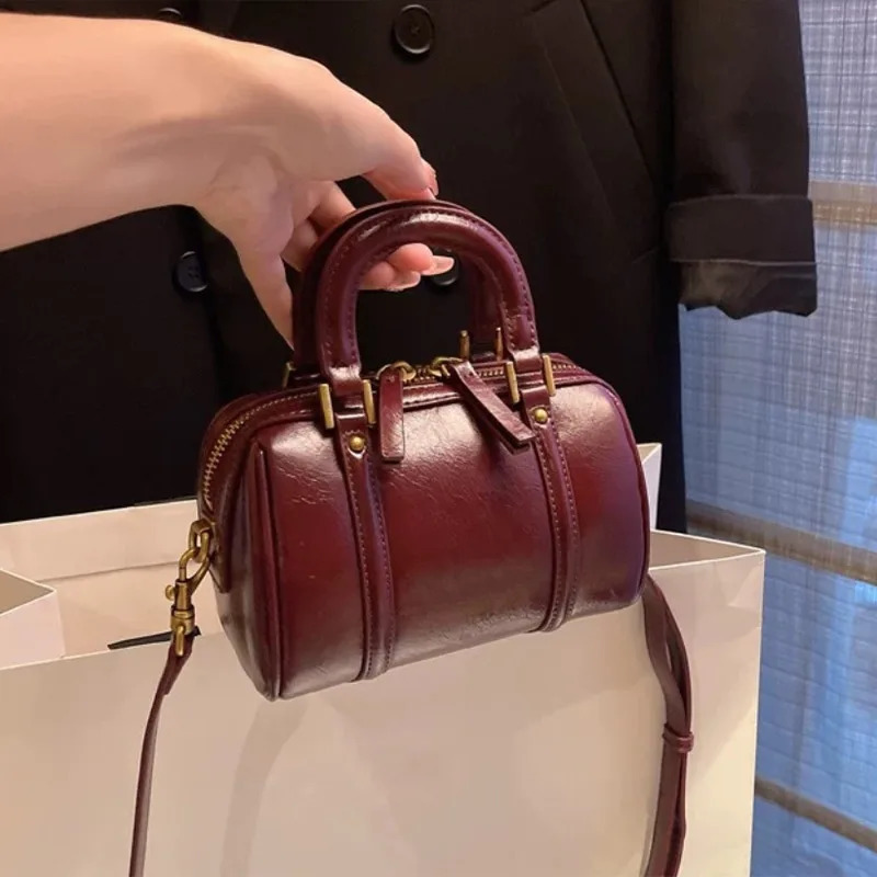 Retro Boston Bag Genuine Leather Fashion Niche Exquisite Crossbody Shoulder Practical Mini Versatile Elegant Handbag 250530