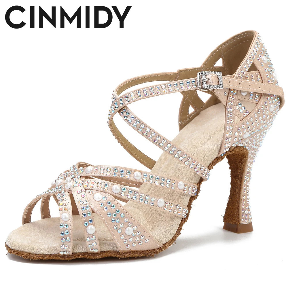 CINMIDY Latin Dance Shoes Ballroom Dancing Shoes Salsa Training Party High Heels Womens Wedding Shoes With Rhinestones 250528