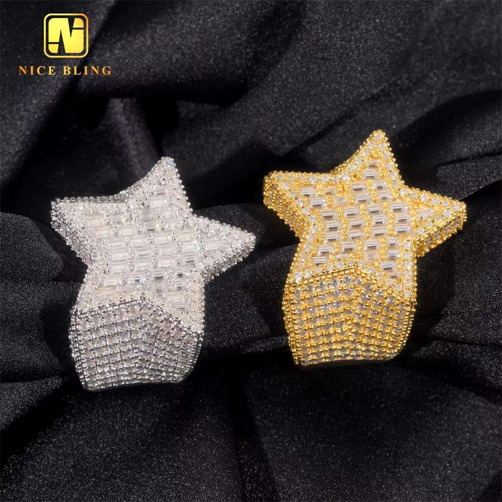 Shining Jewelry Baguette Moissanite Diamond Engagement Ring Men Hip Hop Jewelry 925 Silver Star Shaped Ring for Men