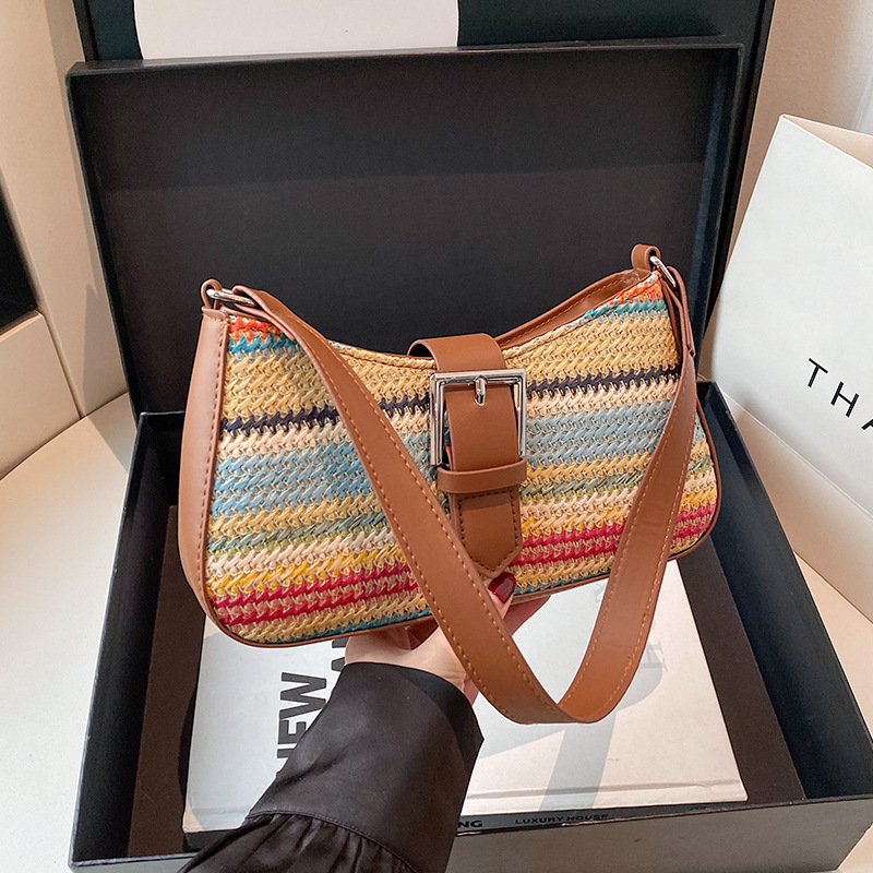 Korean Style Simple Rainbow Woven Bag Designer Shoulder Shopping Bag Shoulder Bag 2025 Free Shipping Summer New Fashion Underarm Personality Ins Style