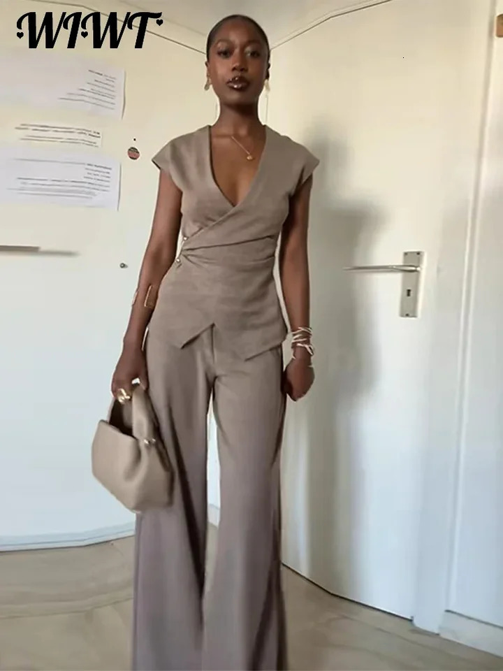 Casual Deep V Neck Top Trousers Women Slim Sleeveless Button Pleated Tops Wide Leg Long Pants 2025 Summer Office Lady Outfit 250530