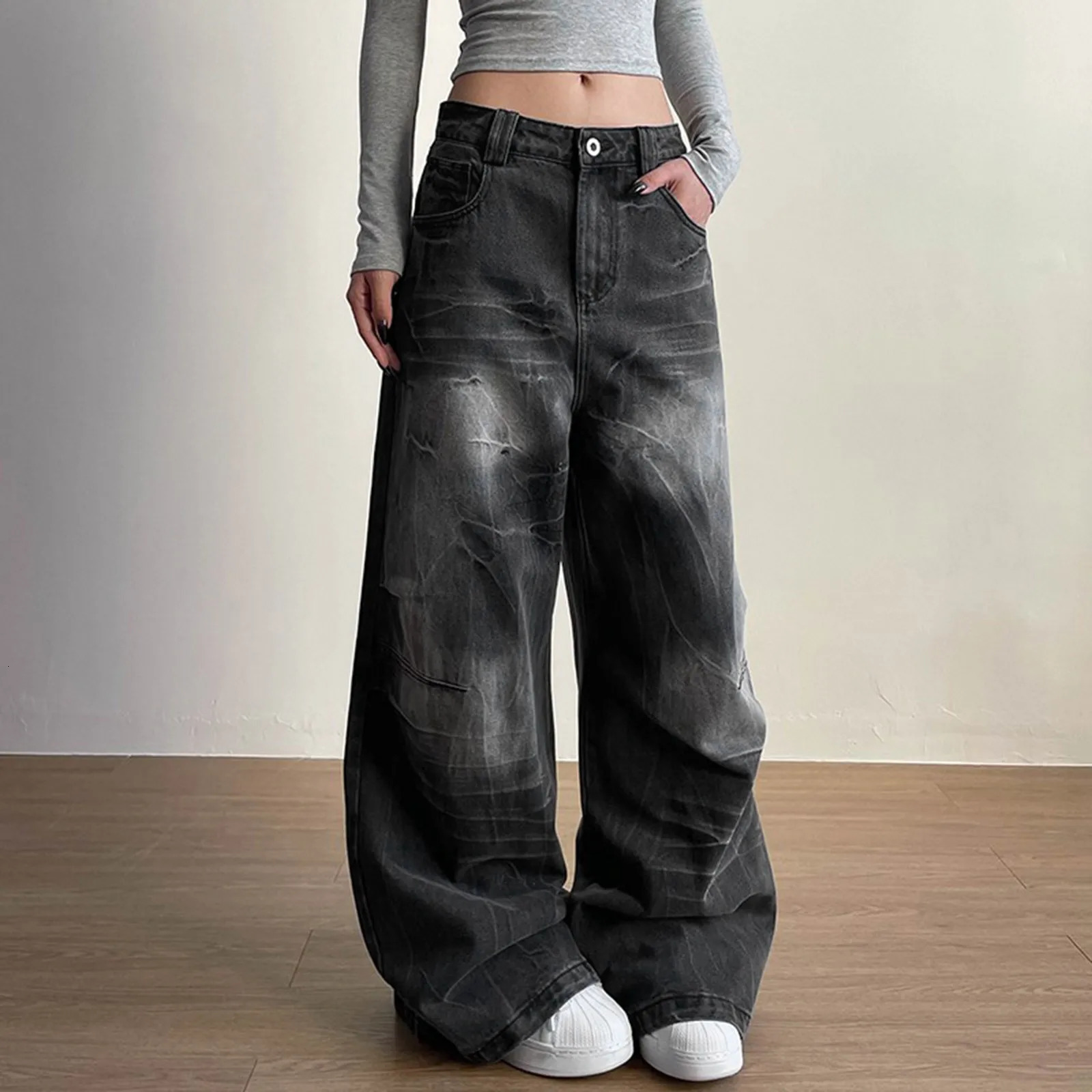 Women Vintage Straight Wide Leg Jeans Retro Wash Black Loose Street Pants With Pockets Jean Pants For Women Harajuku Streetwear 250527