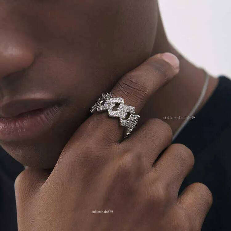 Custom Moissanite Cuban Ring S Sier with 2rows Hip Hop Mens White Gold Plated Vvs Dia Rings