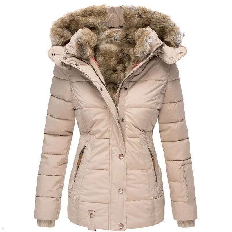 Winter Warm Wool Collar Womens Zipper Long Sleeve Slim Fit Hooded Cotton Coat High quality, fashionable, luxurious