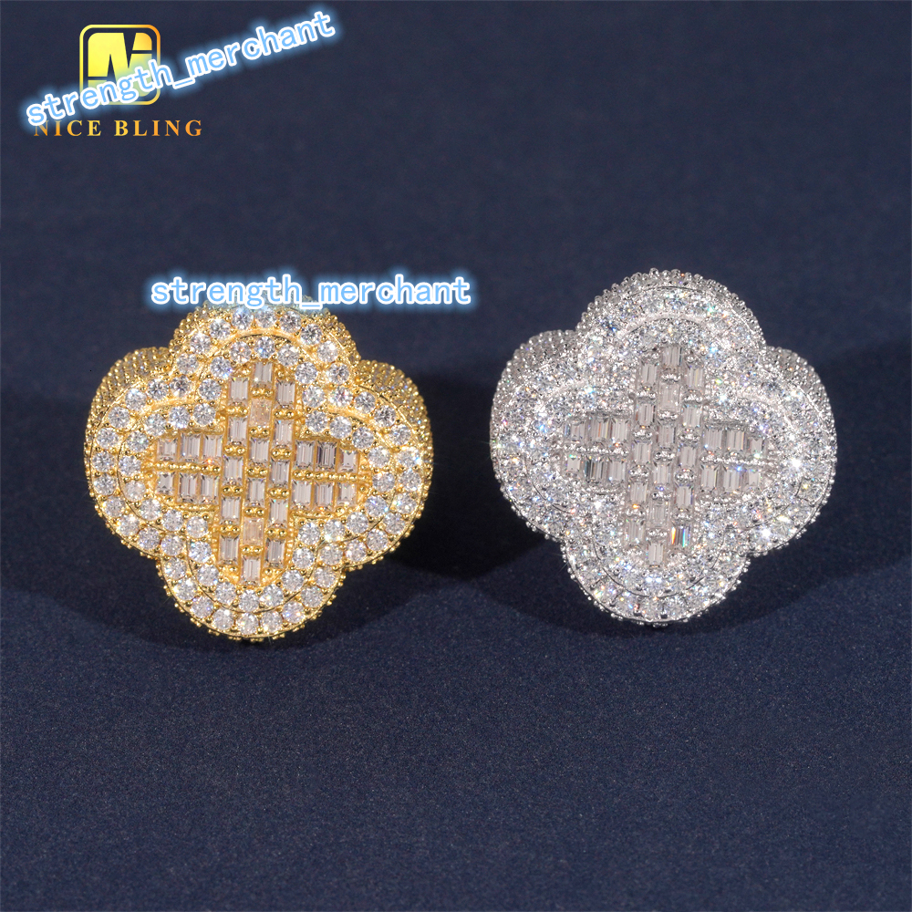Iced Out 18k Gold Plated baguette Cut Moissanite Ring Fashion Hip Hop Jewelry S925 Lab Diamond Four Leaf Clover Engagement Ring