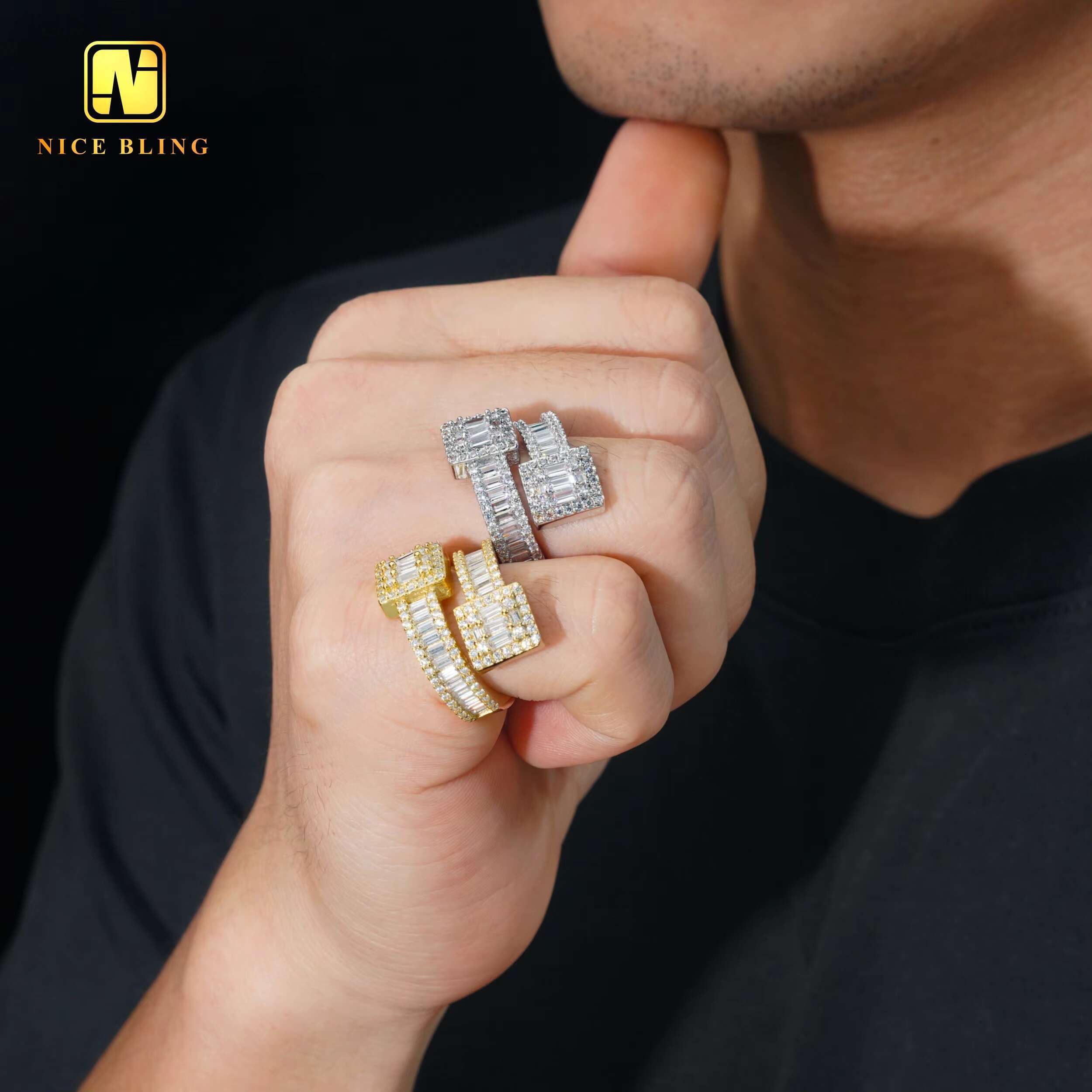 Anti Stress Hip Hop Moissanite Rings 18k Gold Plated 925 Sterling Silver Jewelry Vvvs baguette Moissanite Diamond Rings for Men