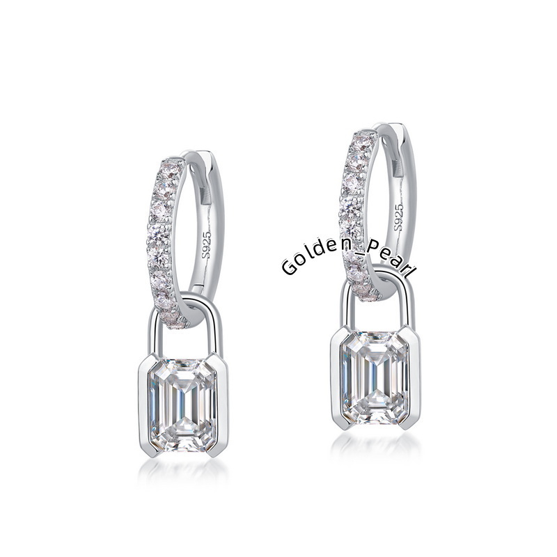 Elegant 925 Sterling Silver Super Flash Rectangle Emerald Cut Moissanite Gemstone White Gold Plated Diamond Earrings for Women