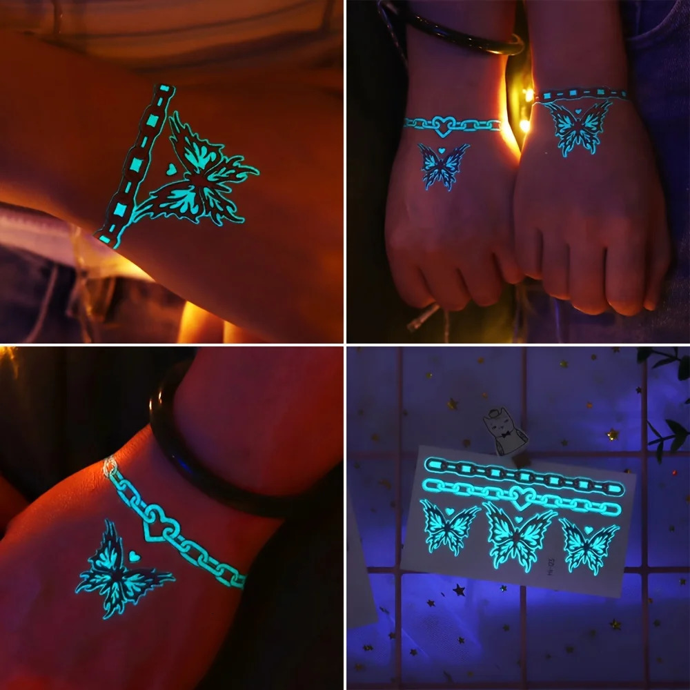 12 Sheets Butterfly Luminous Temporary Tattoo Blue Glow In the Dark Tattoo Sticker For Women Hands Face Tattoo Music Party Decor 250530