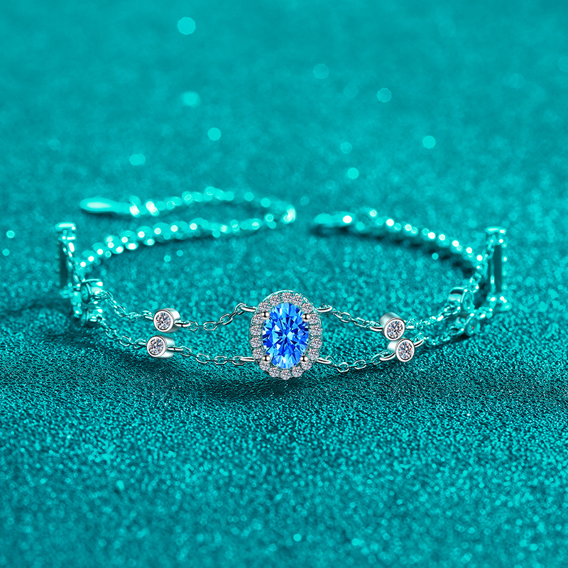 925 Sterling Silver Double Chain Moissanite Bracelet with Blue Oval-Cut Stone, Platinum Plated, Hypoallergenic, Adjustable Fit, Elegant Minimalist Jew