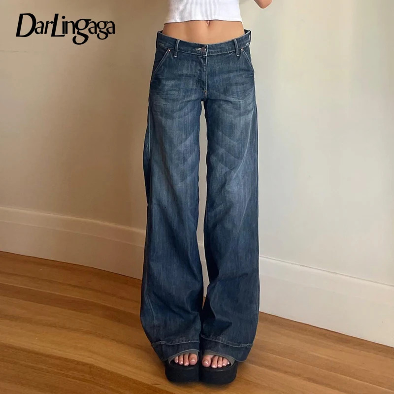 Darlingaga Fashion Washed Buttons Jeans For Women Loose Low Rise Basic Trousers Chic Style Pockets Straight Leg Denim Pants 250527
