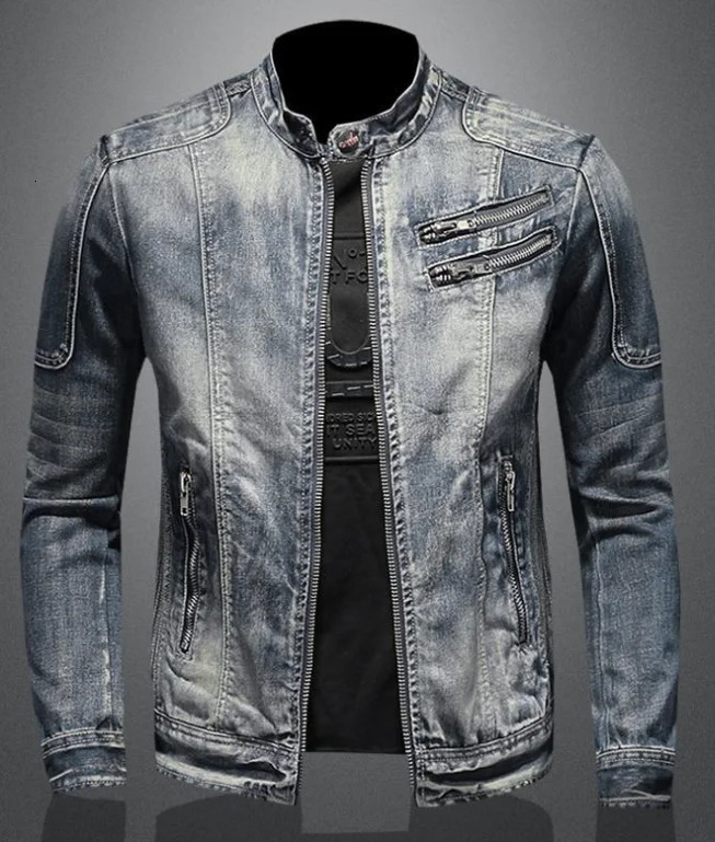 Denim Jacket Men Distressed Lapel Vintage Outwear Personalized slim fit Stand Up Collar Zipper Cowboy Cycling Motor 250530