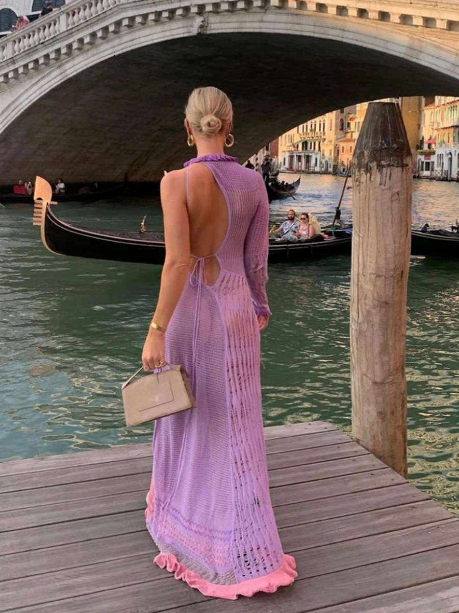 Combhasaki Women Y2K Vintage Contrast Color Hollow-Out See-Through One Shoulder Long Sleeve Bikini Cover-Ups Long Knitted Dress 250527