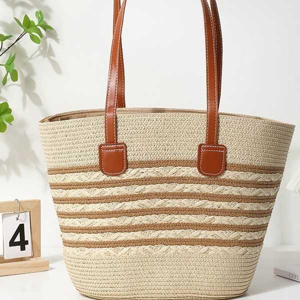 Straight Hair Large Capacity Tote Woven Bag Beach Vacation Bag Lightweight Fashion and Versatile