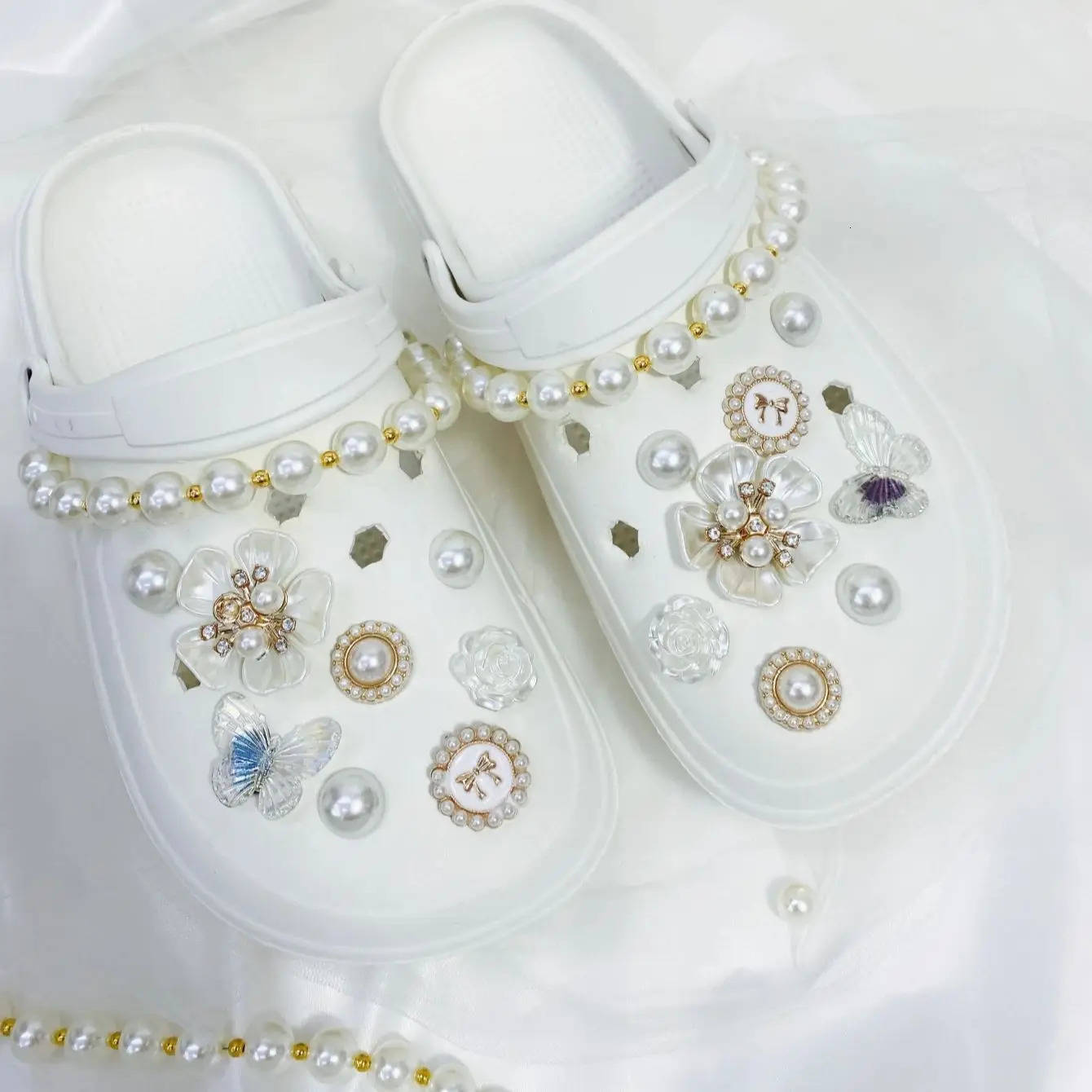 20pcs Removable Vintage Diy Faux Pearl Flower Garden Shoe Buckle Chain Decoration For Holey Shoes 250528