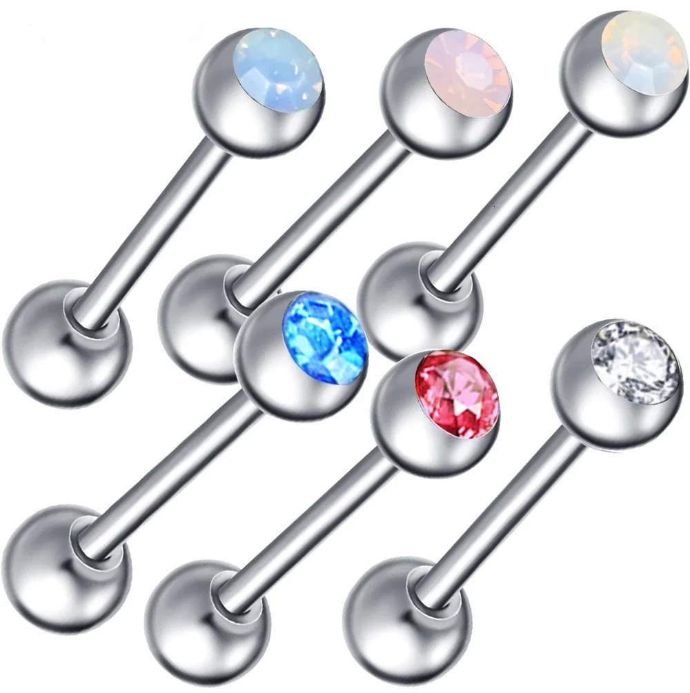 6X Mixed Type Opalite Crystal 16mm 19mm 22mm Tongue Bar Steel 6mm Ball Nipple Ring Barbell Body Piercing Set 14g 250526