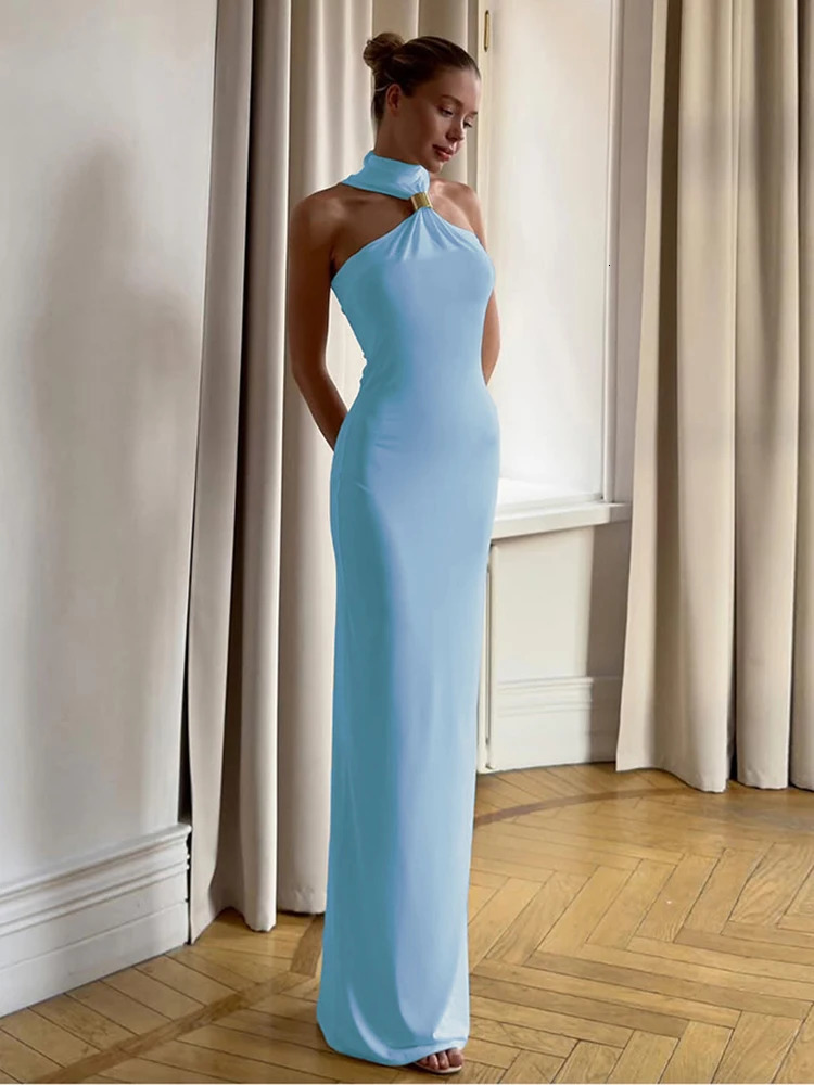 Nibber Elegant Metal Knots Dress Women Halter Summer Trend Solid Folds Backless Sleeveless Sexy Slim Banquet Party Long Bodycon 250527