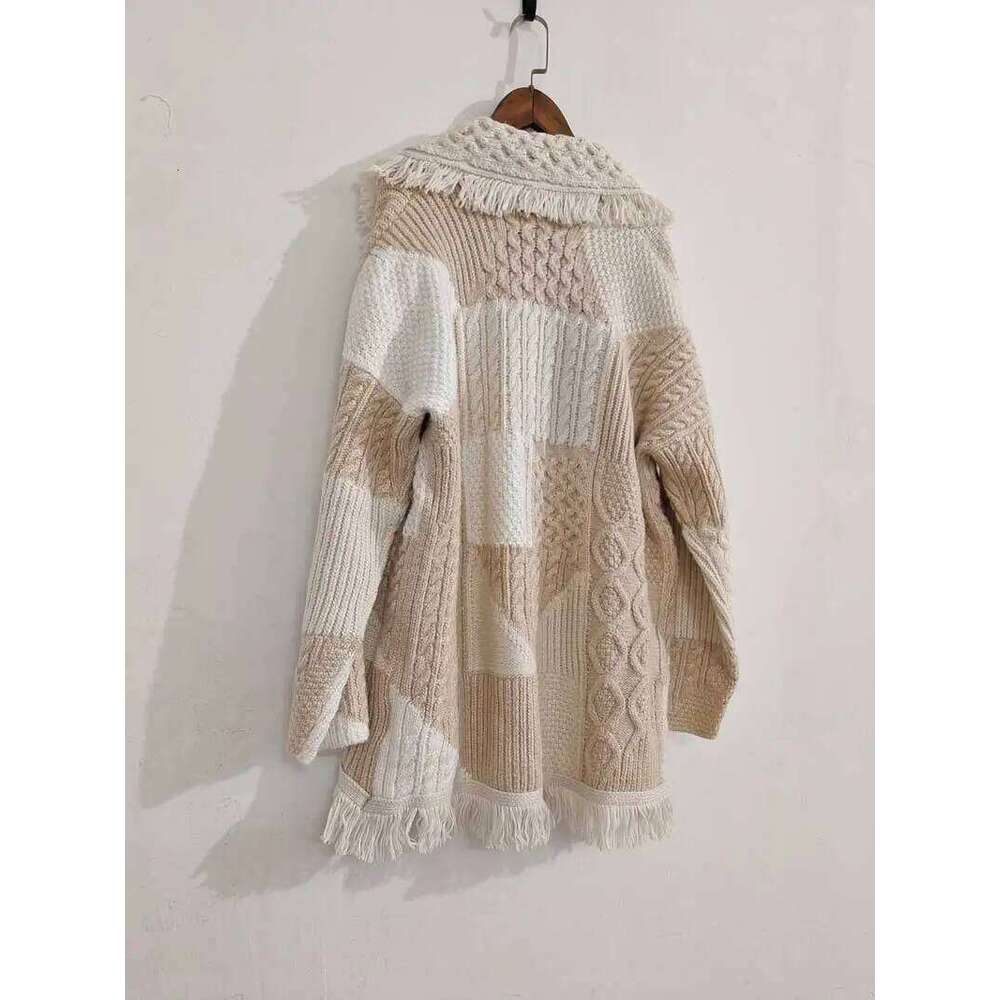 Boho Inspired Autumn Winter Jacket Women Lapel Tassel Jacquard Sleeve Cardigan Bohemian Retro Long Cardigan Tops