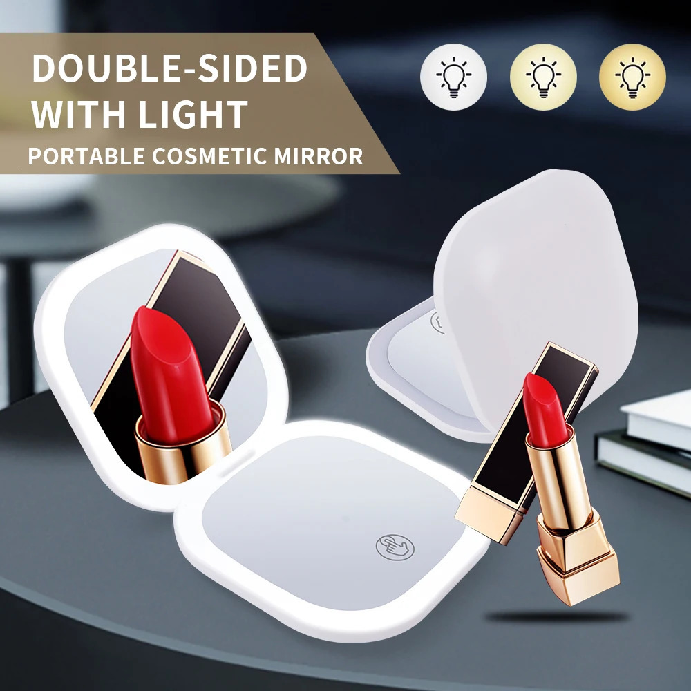 Double Sides Touch Travel Led 3 Colors Mini Foldable Cosmetic Charge Makeup Mirror With Light 3X Magnifying Compact Handheld 250530