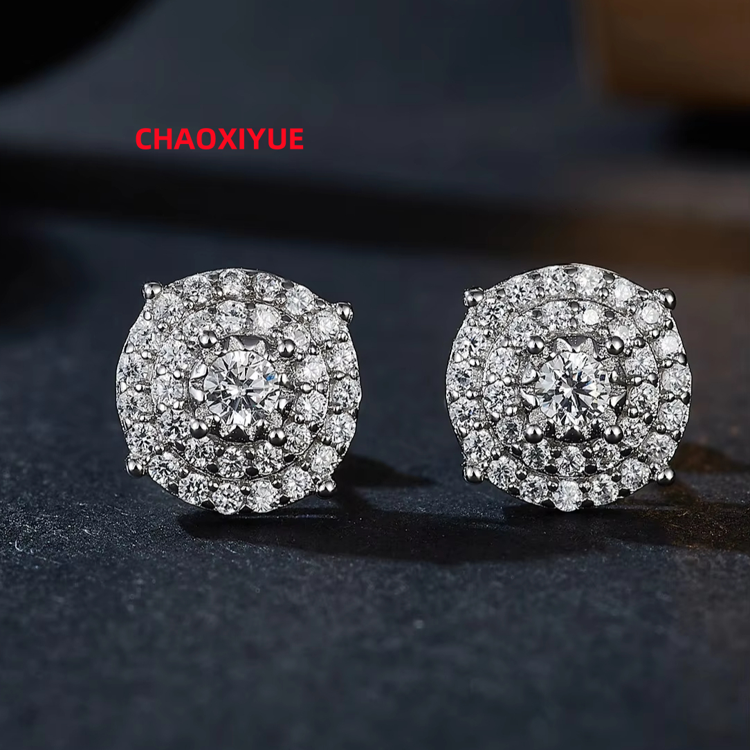 Hip Hop Jewelry Earring for Men Rhodium Plated 925 Sterling Sliver Round Flower-Style Moissanite Stud Earrings for Party Gift