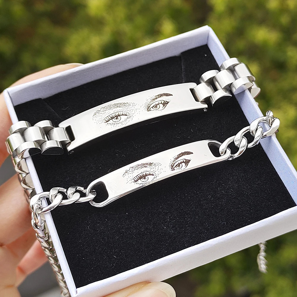 Personalized Eyes Po Couple Bracelet Laser Engraved Eyes Po Bracelets Stainless Steel Gifts for Boyfriend Family Father 250528