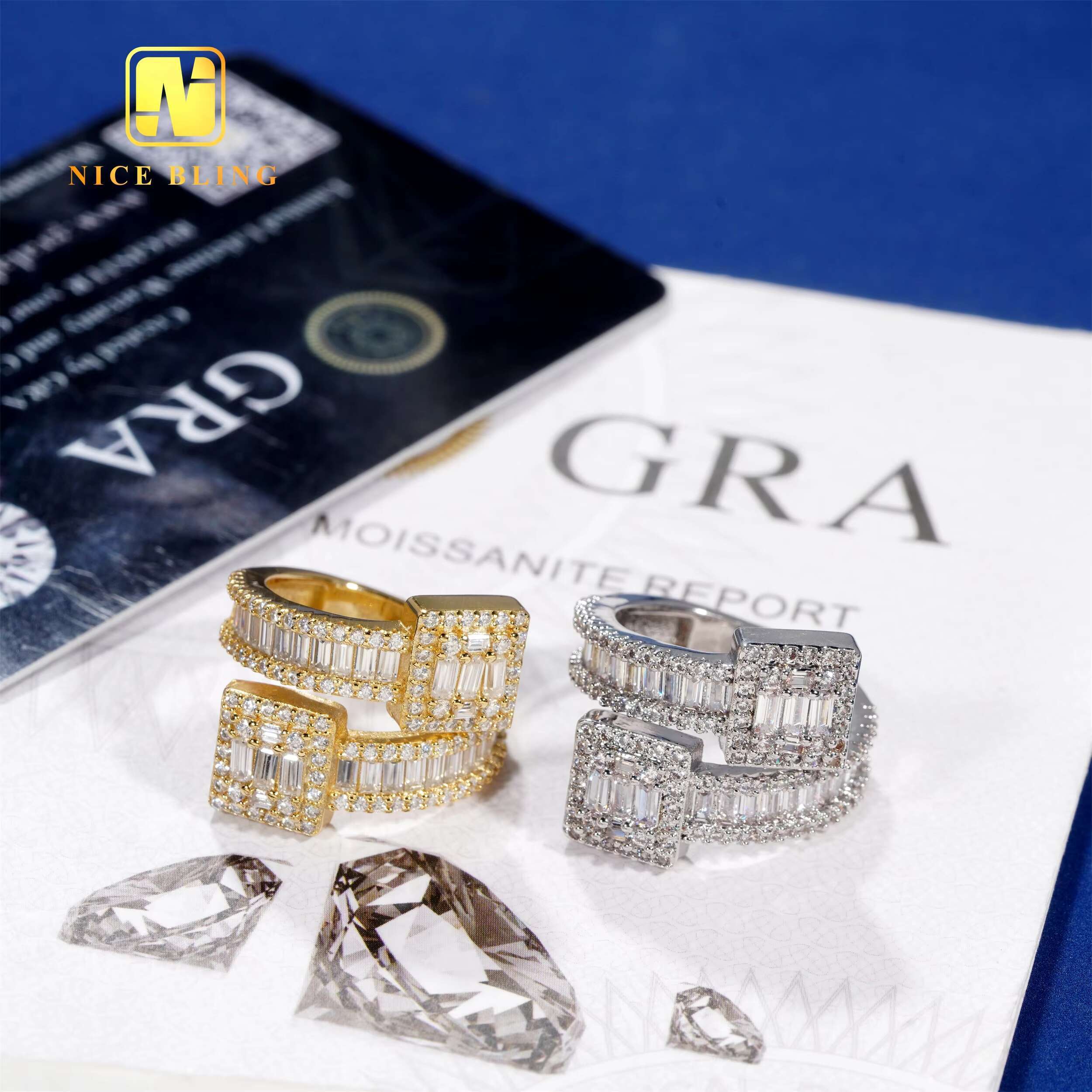 Anti Stress Hip Hop Moissanite Rings 18k Gold Plated 925 Sterling Silver Jewelry Vvvs baguette Moissanite Diamond Rings for Men