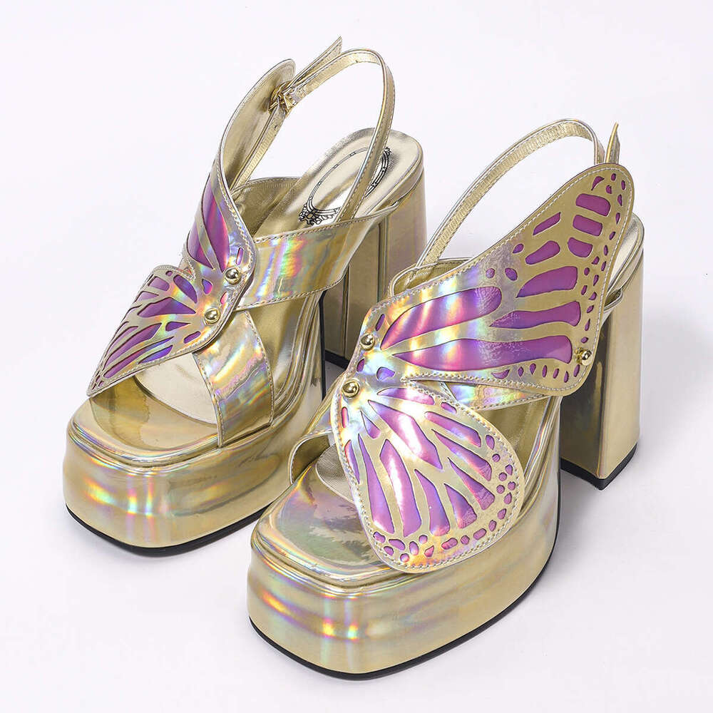 Fashion Thick High Heels Waterproof Platform Colorful Open Toe Single Women's Shoes Hot Girl Hollow Butterfly