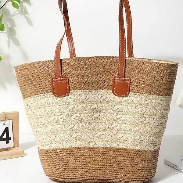 Straight Hair Large Capacity Tote Woven Bag Beach Vacation Bag Lightweight Fashion and Versatile
