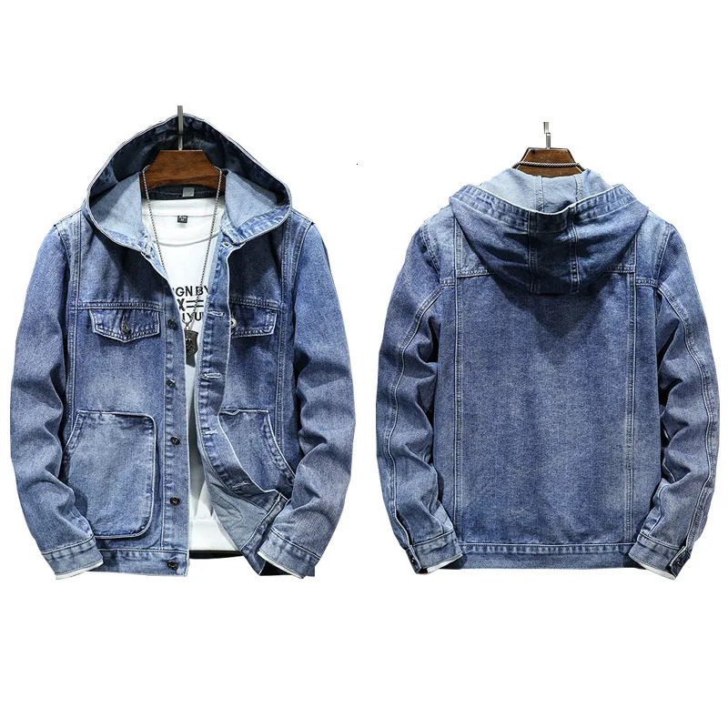 Men Denim Jackets Coats Button Coat Hooded Jacket Full Sleeve Casual Splice Regular Open Stitch Pockets Solid Spring 2025 250530