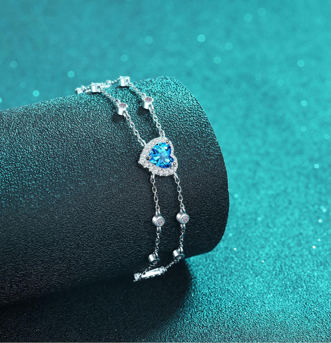 925 Sterling Silver Heart-Shaped Moissanite Bracelet for Women, Blue Center Stone, Adjustable Double Chain Design, Cute and Elegant Jewelry Gift