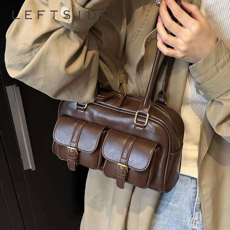 LEFTSIDE Retro PU Leather Double Pockets Underarm Bags For Women 2024 Winter Y2k New Korean Fashion Female Shoulder Bag Handbags