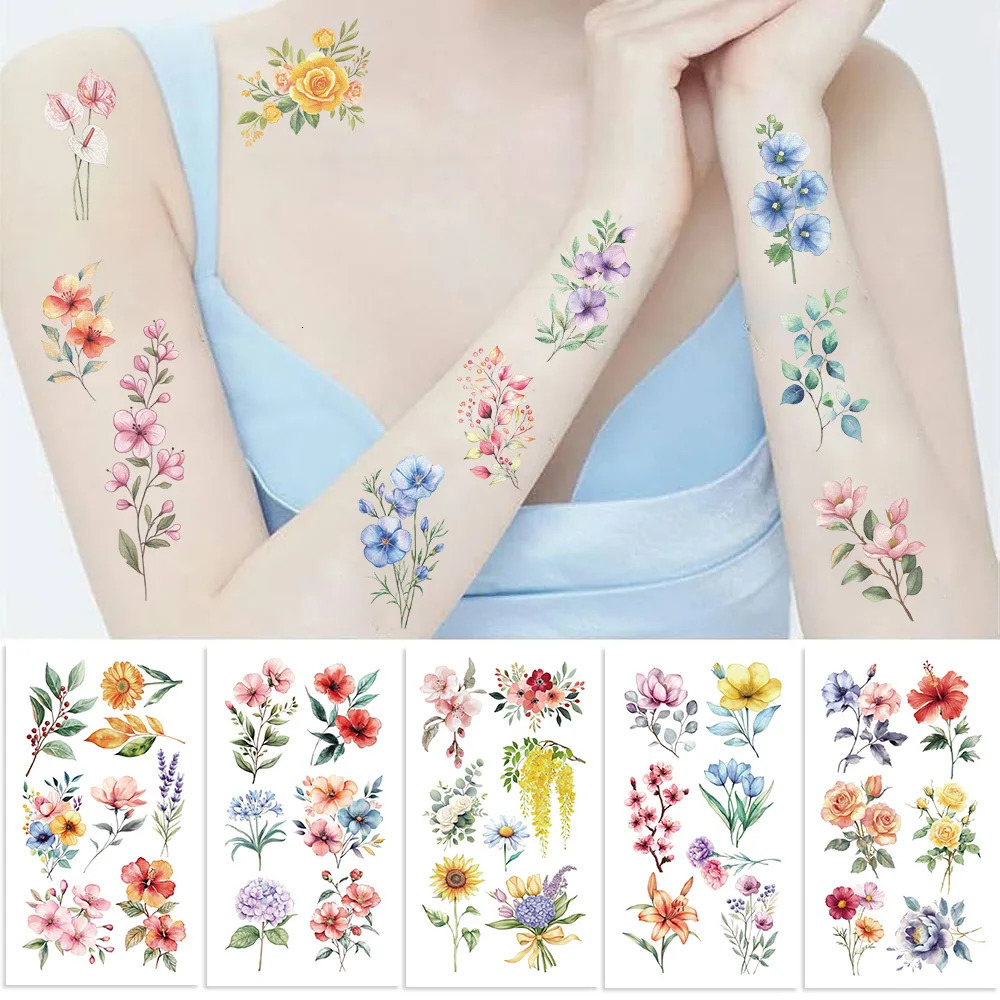10 SheetsSet Watercolor Lavender Flower Temporary Tattoos For Body Art Arm Fake Flora Adults Tattoo Sticker Waterproof Tatoos 250530