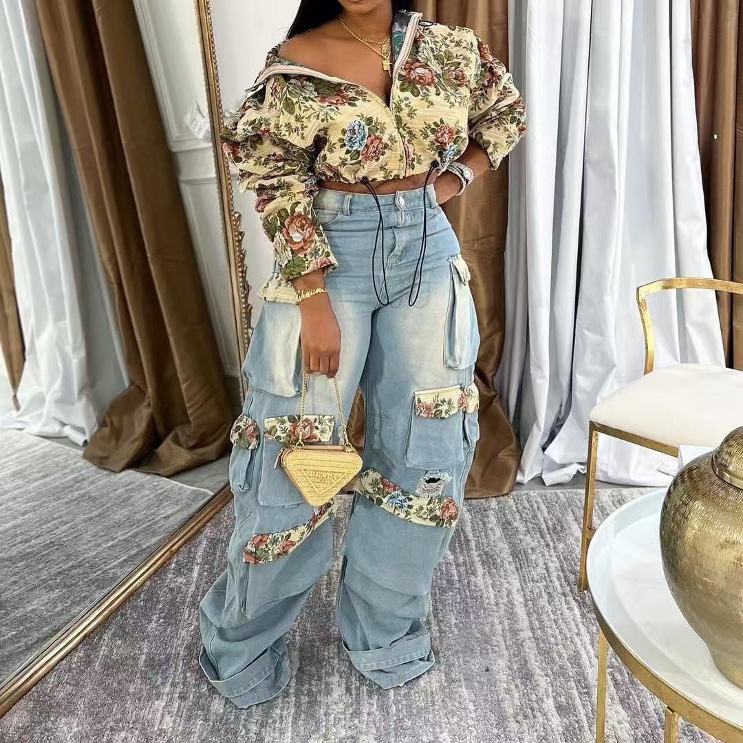 Denim Outfit Women Floral Patchwork Jean Zipper Drawstring Cropped Jacket Pockets Cargo Jeans 2 Piece Set Streetwear Tracksuits