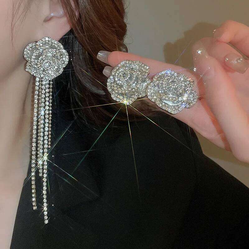 Inlaid Rhinestone Flower Tassel Earrings Necklace For Women Fashion Clavicle Chain New Light Sparkle Jewelry