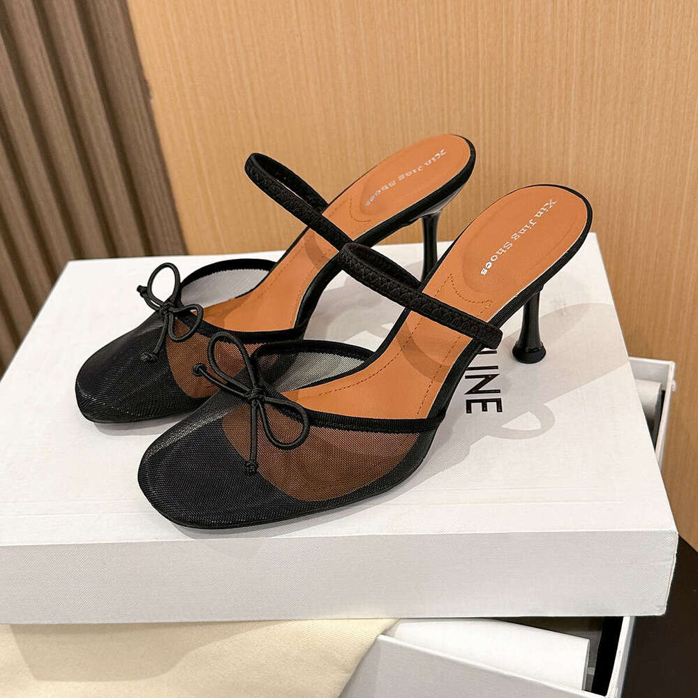 396-1 Sexy Mesh One-Strap High Heel New Fashion Shallow Transparent Bowknot Backless Shoes for Women