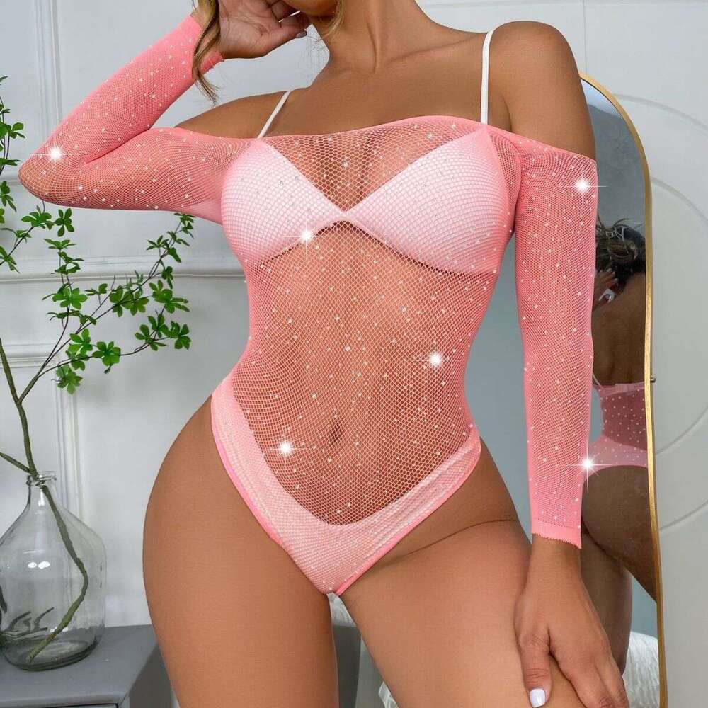 Spell Lingerie Porn Suits TZ Women S Rhinestone Shiny Sexy Lingerie Long Sleeve Small Mesh Role Play Jumpsuit Sexy Lingerie