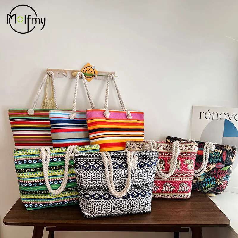 Women's Shoulder Bag Summer Beach Tote Printing Pattern Canvas Shopping Bags Handbag Casual Bucket Female Outdoor Pocket