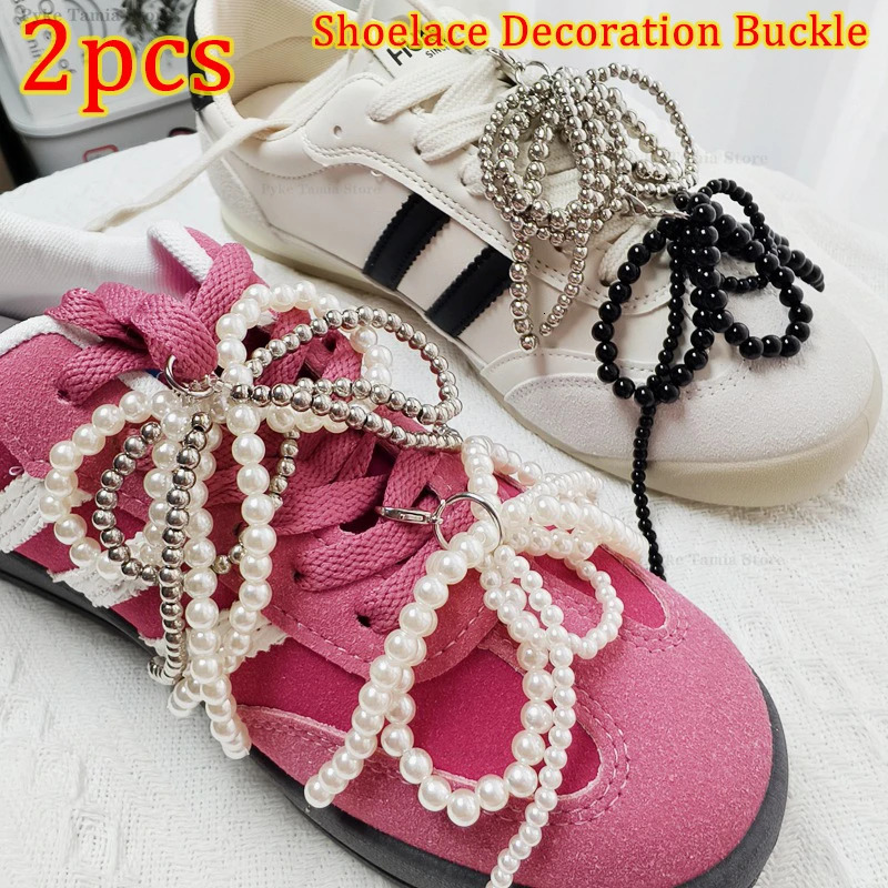 2pcs Shoelace Decorative Buckle Handmade Shoes Clip Double Layered Pearl Bead Bowknot Charm Bag Key Chain Pendant Accessories 250528