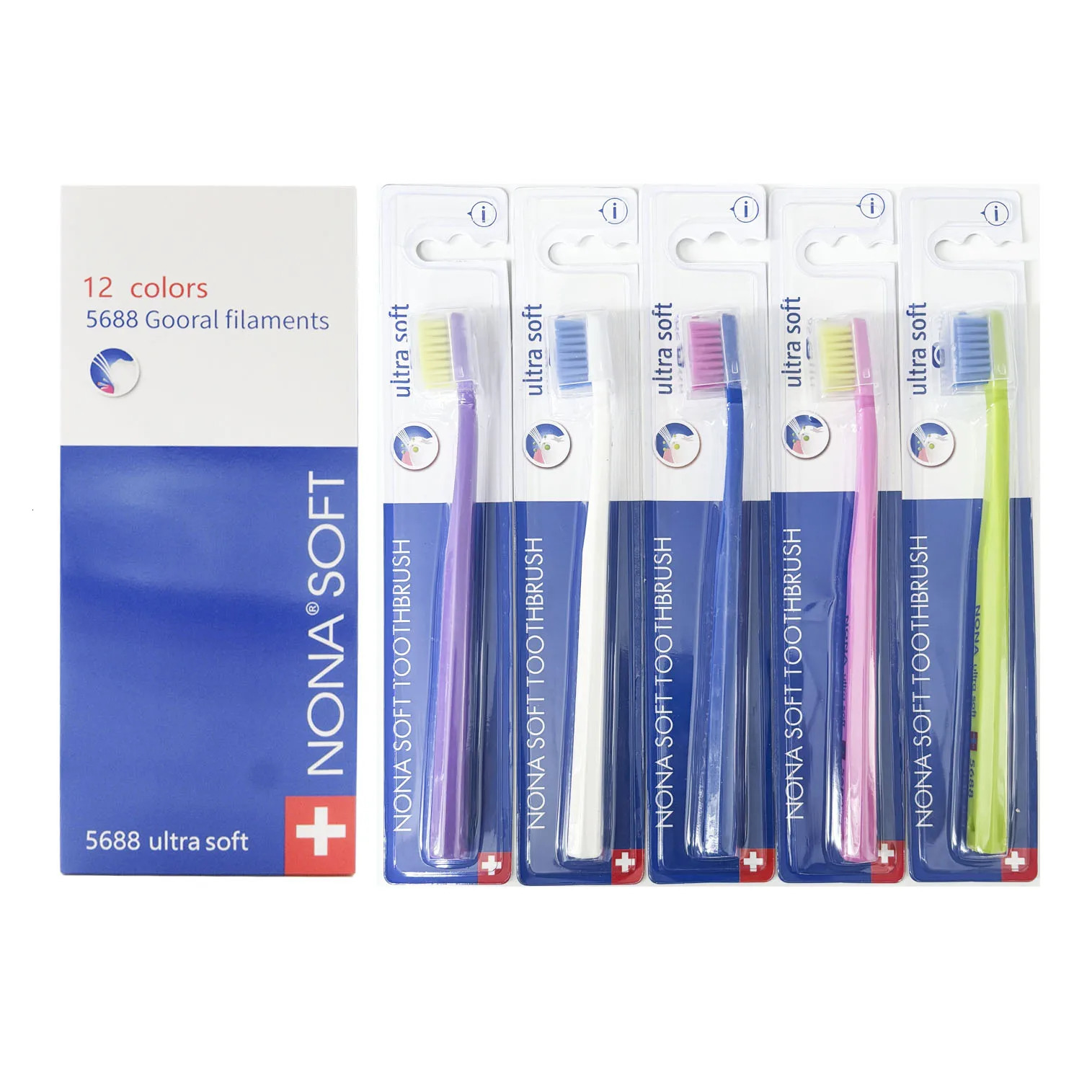 NONA Swiss style soft bristle toothbrush 5460-5688 Super soft toothbrush 12 in various colors 250528