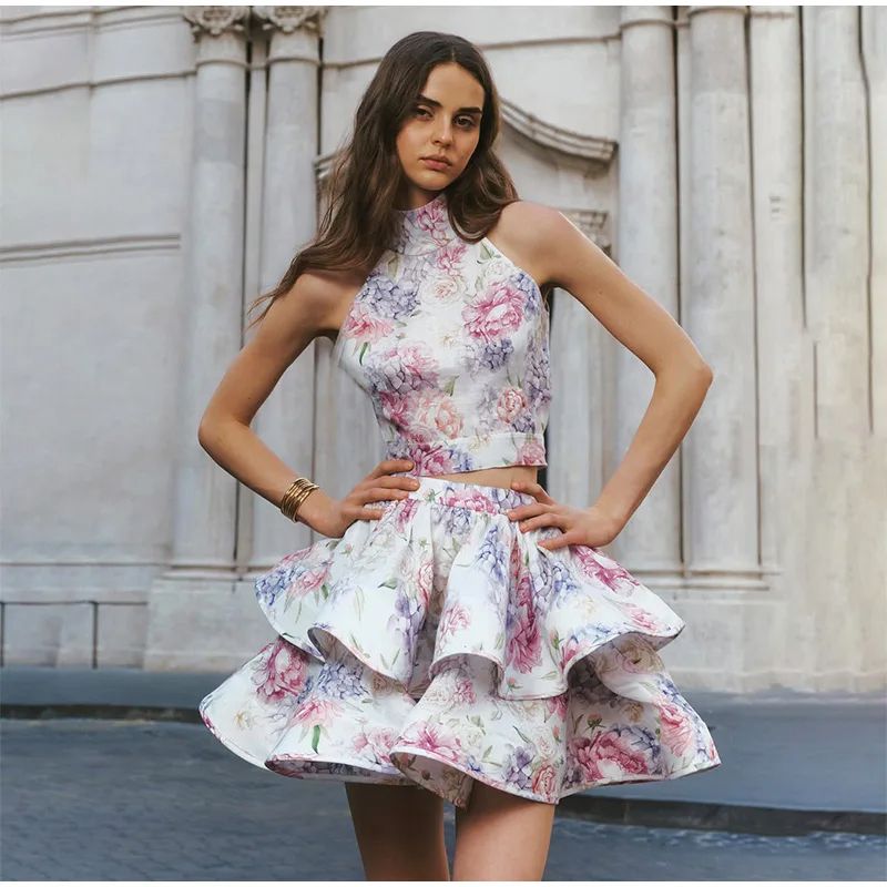 Two Piece Dress Autumn Winter Skirt Printed Stand Neck Hanging Backless Strap Top Puffy Skirt Woman Set Elegant Sleeveless Tops Layered Pleated Skirts
