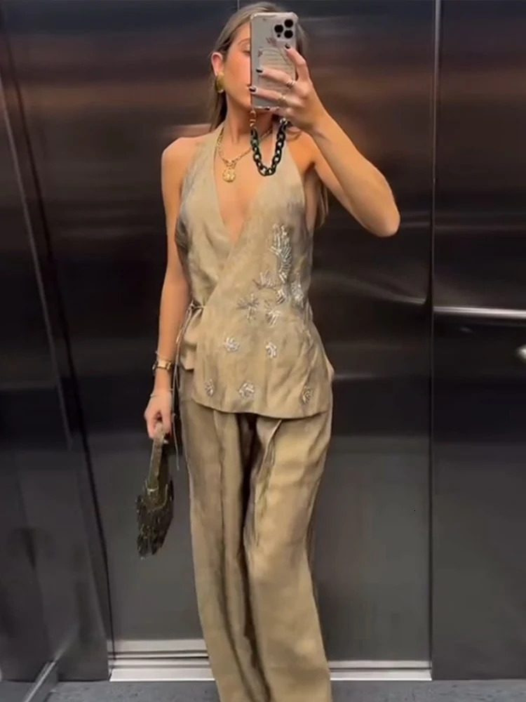 Chic Halter Bead Embroidery Long Pants Set Women Lace Up Backless Sleeveless Tank Top Wide Leg Trousers Suits2025 Female Outfits 250530